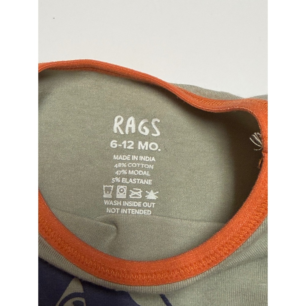 RAGS Kids Sage Green Orange Mascot Bird Graphic Romper 6-12 Months - Picture 3 of 6